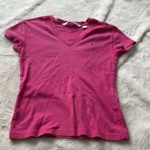 Tommy Hilfiger Pink Cotton V-Neck Tee – Size Small | Preppy Casual |